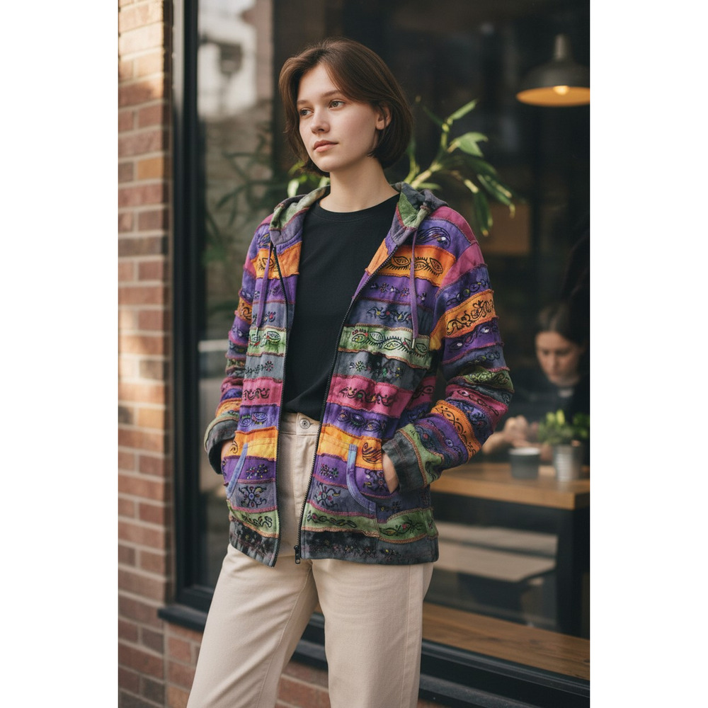 4907) KPC Multicolor Tie Die Patchwork Hippie Boho Razor cut Hooded Jacket XL